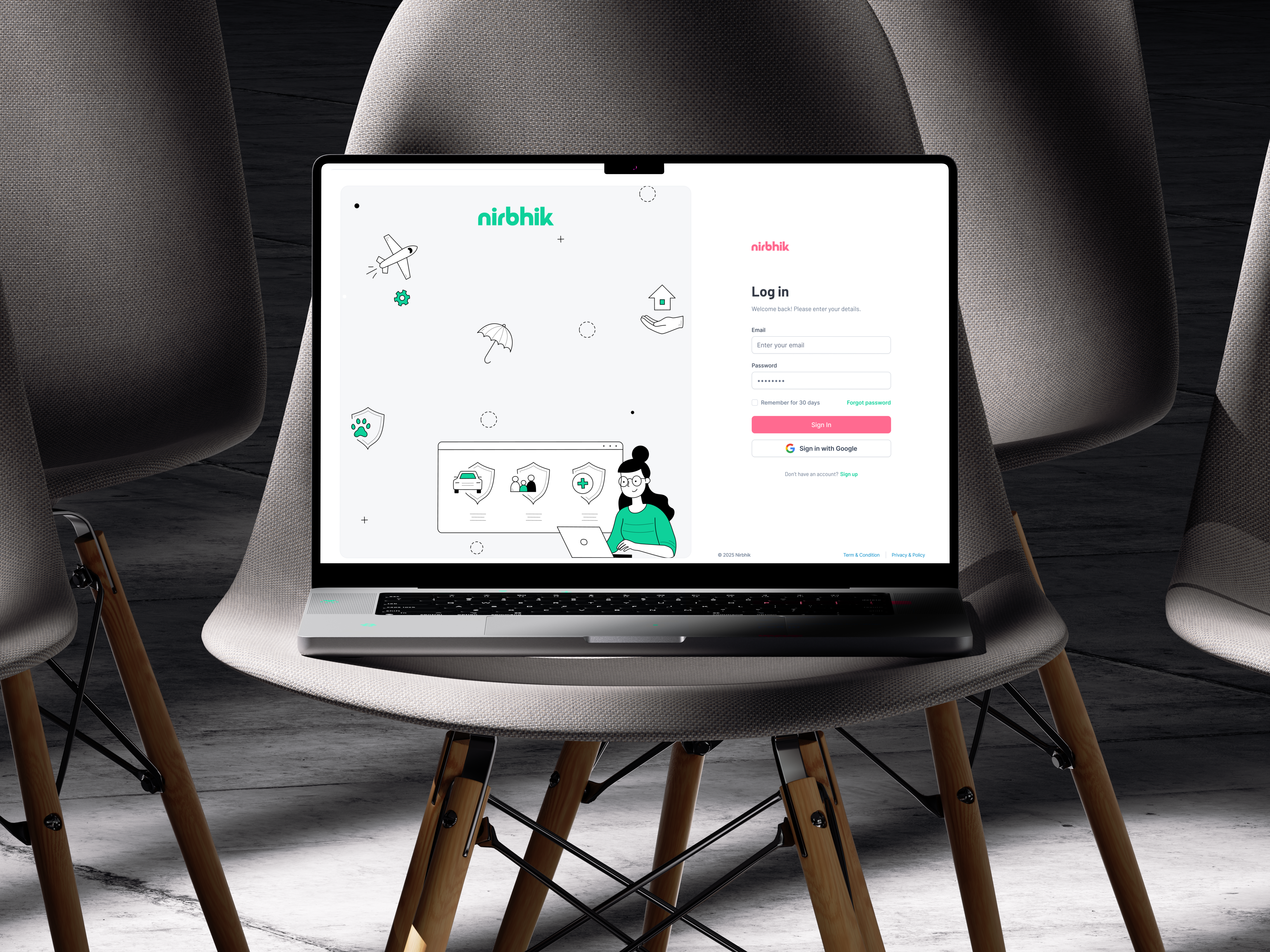 Nirbhik homepage and login screen on laptop